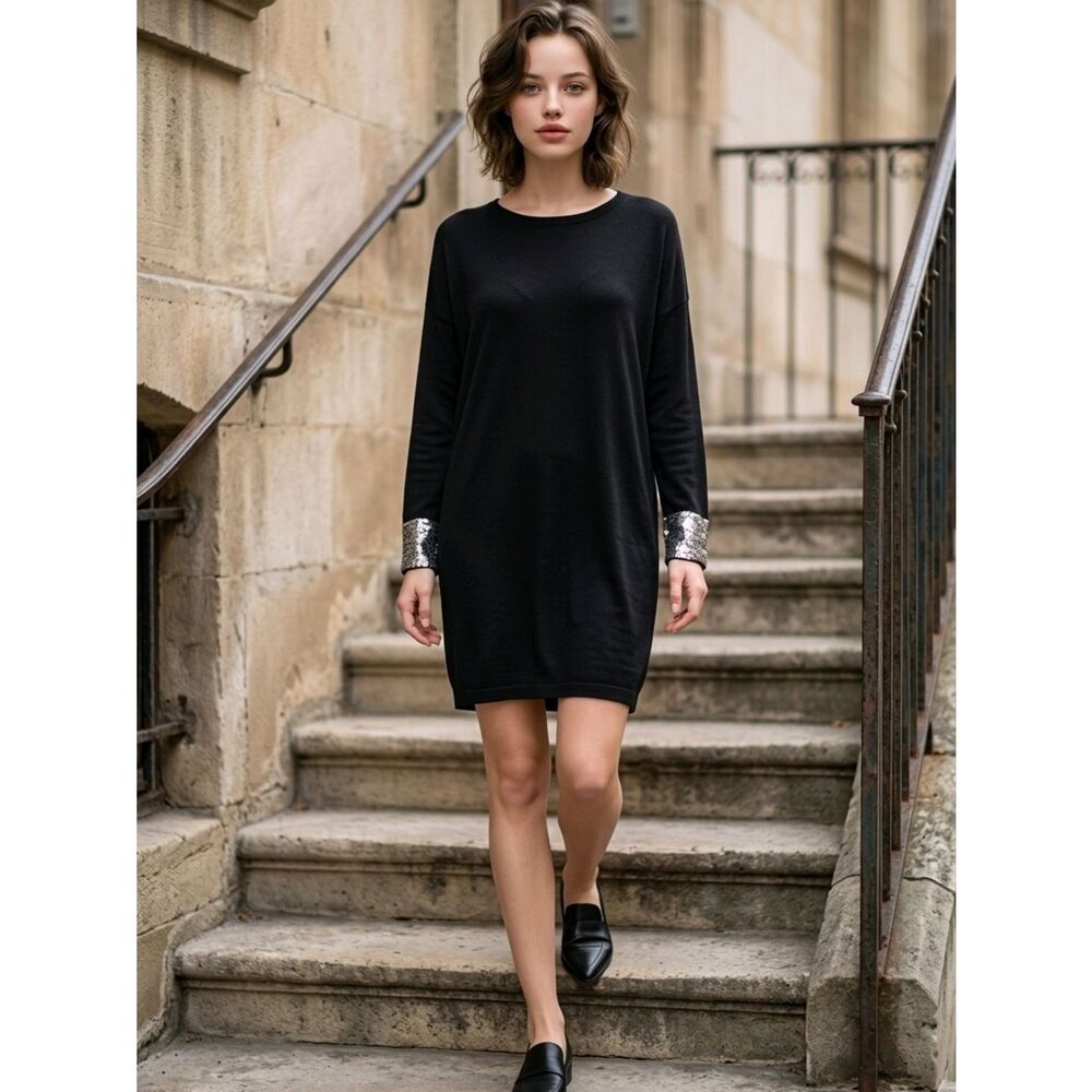 Moda International Black Long-Sleeve Shift Dress with Sequin Cuffs